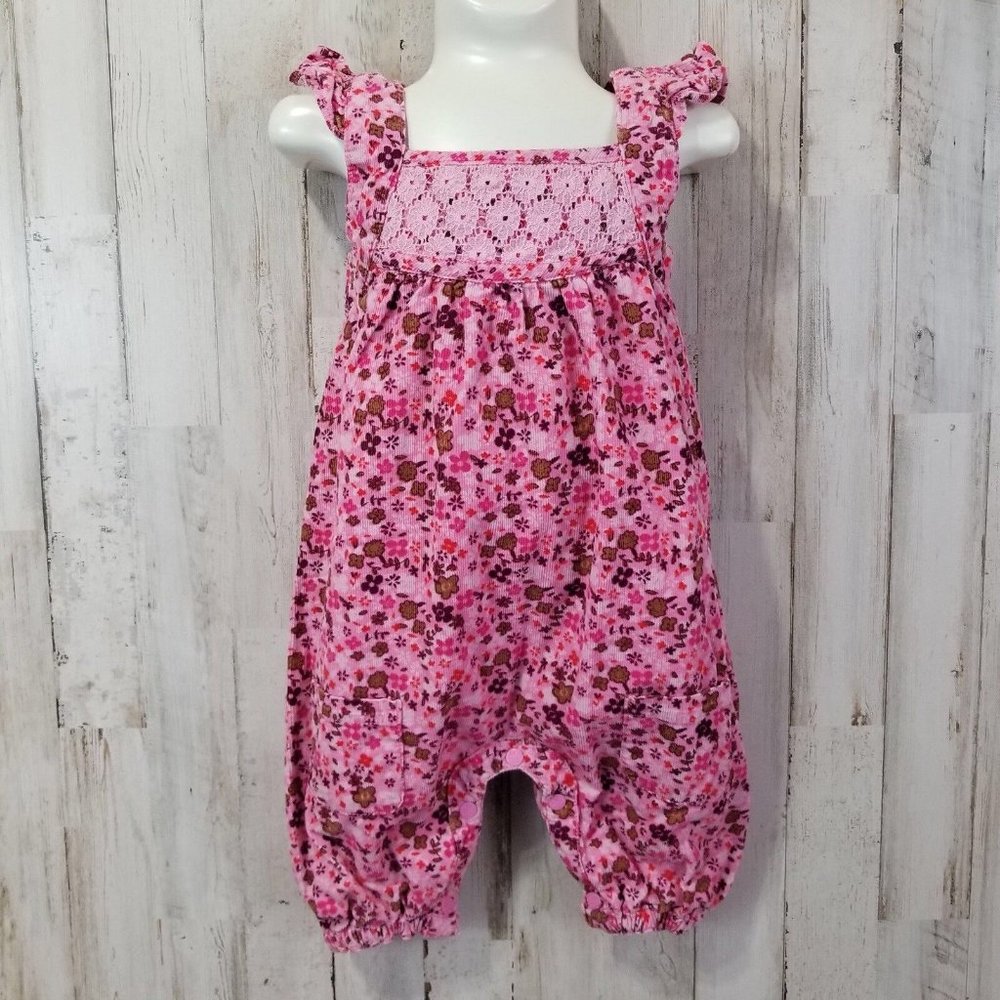 5/$25 Pumpkin Patch Baby Girls Overalls Romper 6-12 Mo Pink Floral Ruffled Hem